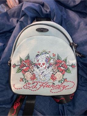 Ed Hardy Light Blue Denim Mini Backpack with Floral & Heart Embroidery